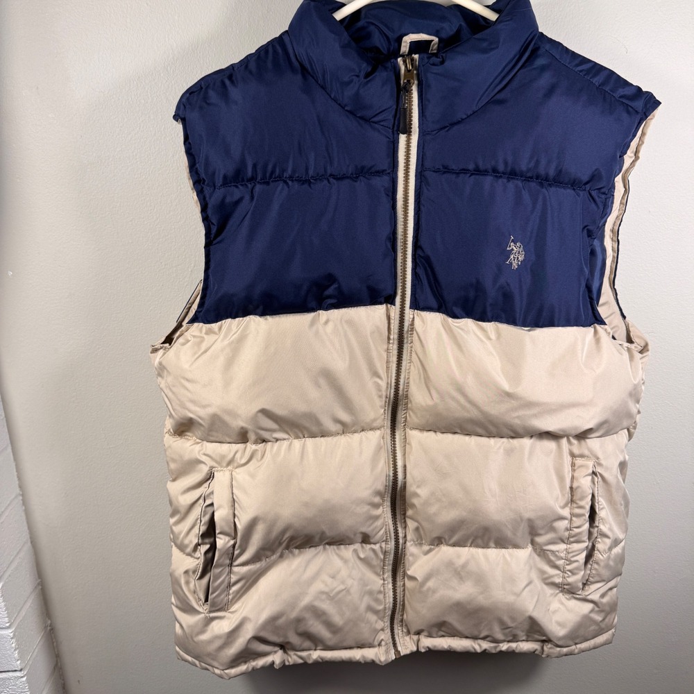 U.S. Polo Assn Men's Large Navy Tan Colorblock Puffer Vest Full Zip